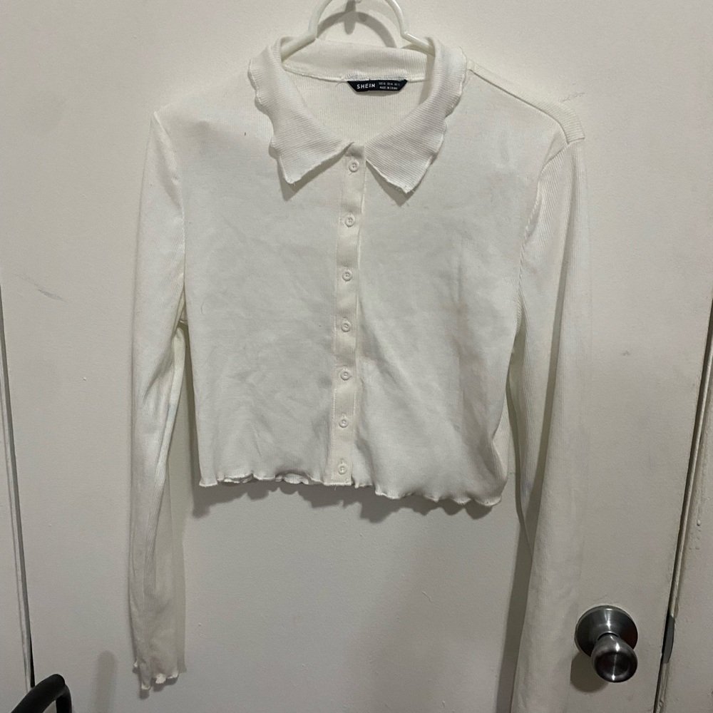 SHEIN Cream Ribbed Button-Front Polo Cardigan